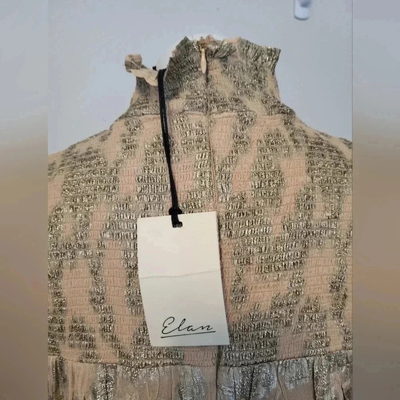 Elan Floral Metallic Mock Neck Smocked Tiered Long Sleeve Mini Dress(M)NWT - Picture 5 of 9